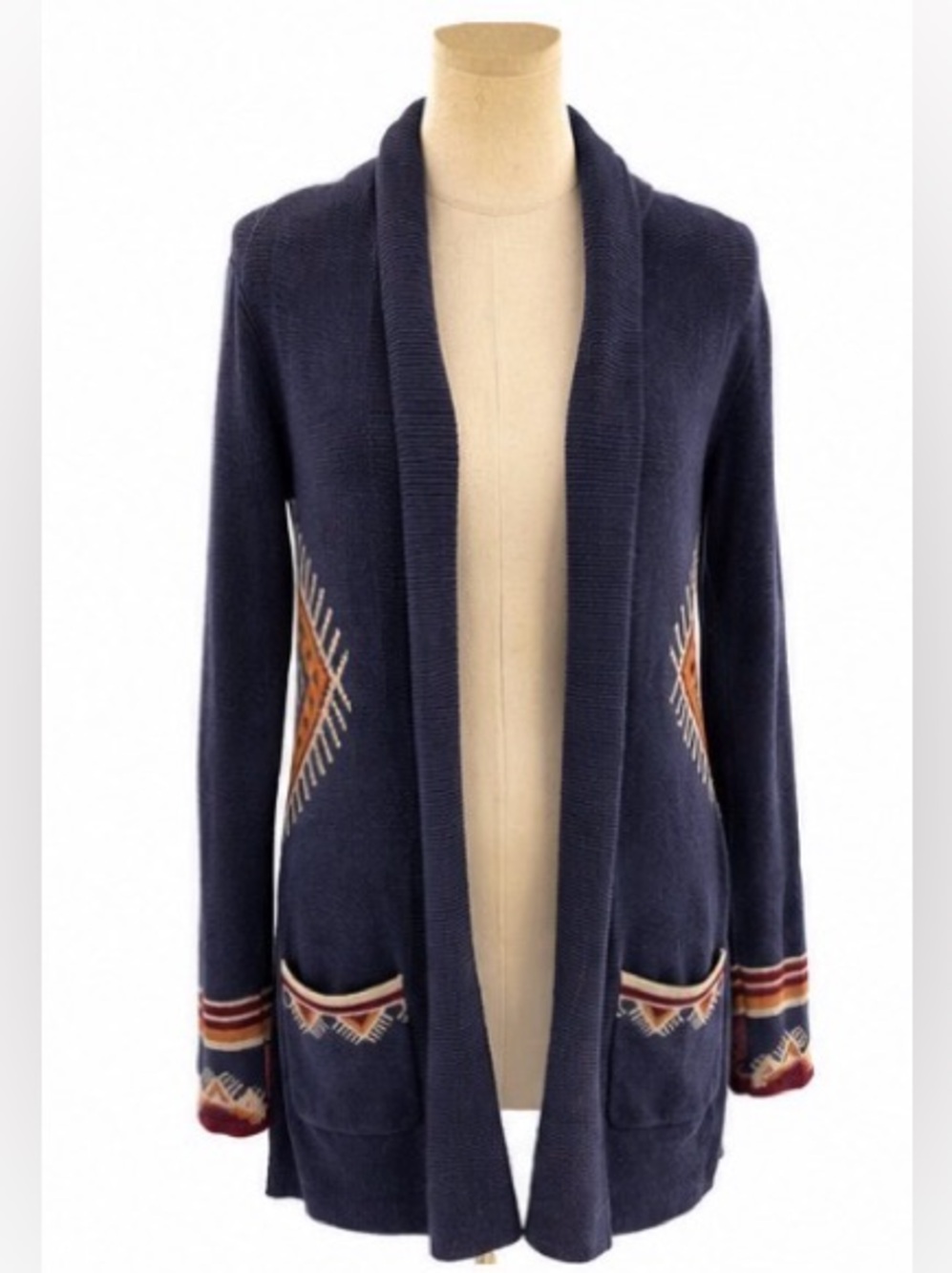 Billabong Women’s Southwest Open Front Cardigan Sweater Navy Boho Pockets Size M